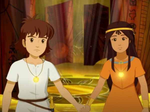 Esteban et Zia se tenant la main après avoir quitté le temple des projections lumineuses de la cité dor de Badalon.